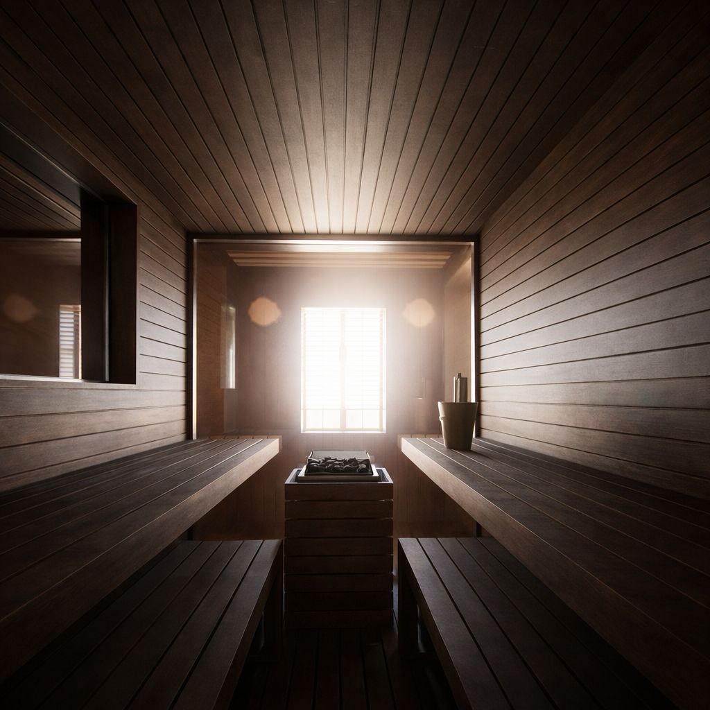 Interieur van donker hout in de sauna van Villino Rubini